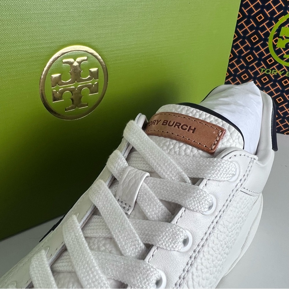 Tory Burch White and Navy Leather Sneakers - Picture 11 of 16